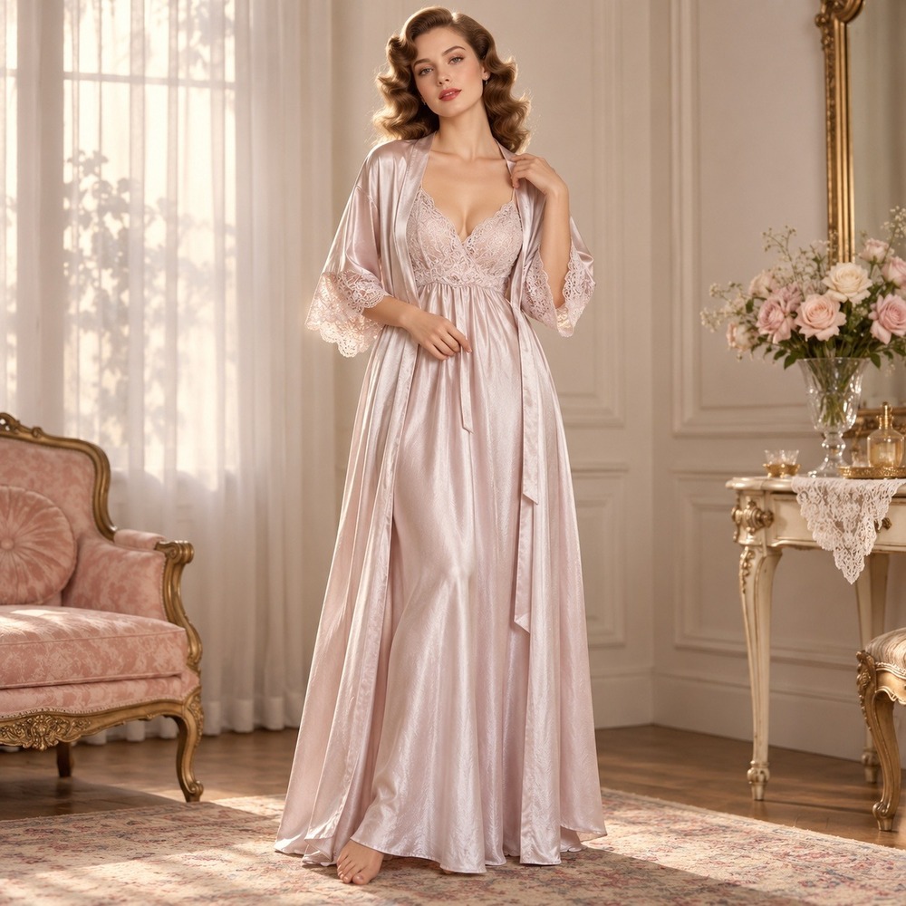 Vintage 90s Lucie Ann II Champagne Satin Lace Peignoir Robe Nightgown Set